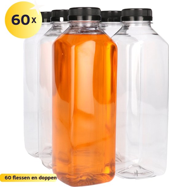 12 lege kunststof transparante sapflessen met deksel, 350 ml