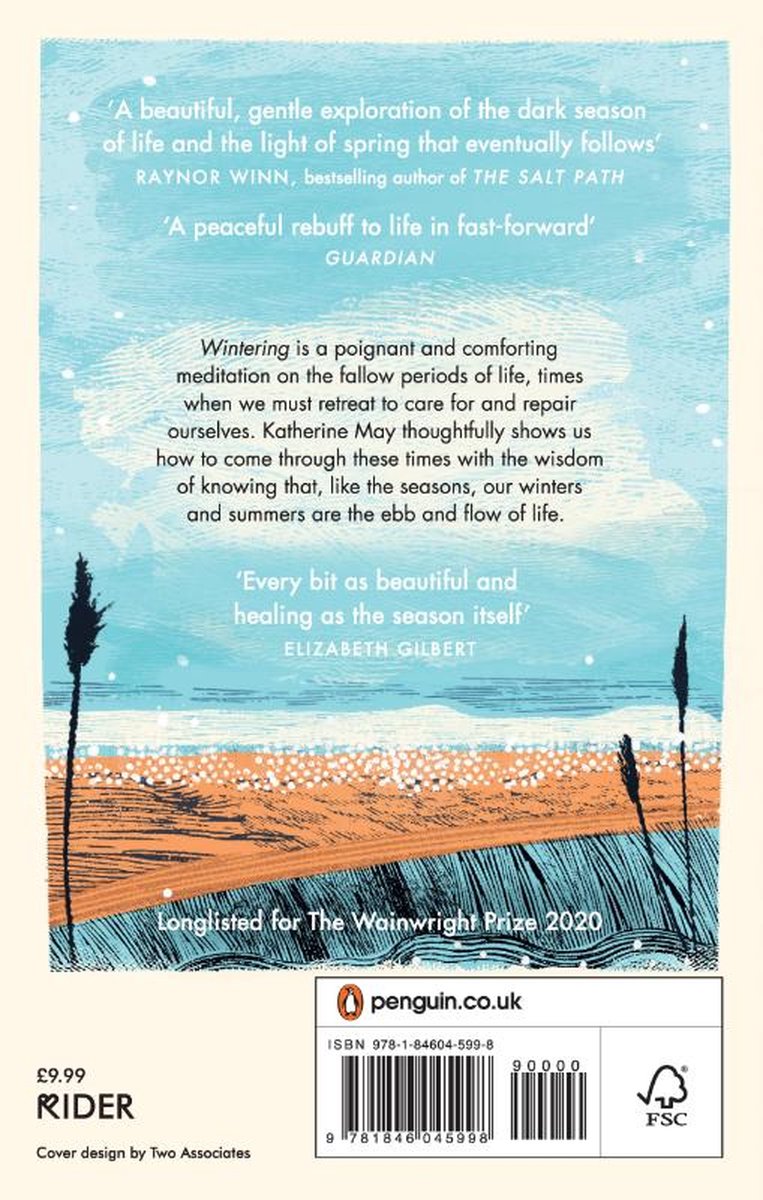 Achterkant van het boek Wintering. Tekst: 'A beautiful, gentle exploration...', 'A peaceful rebuff...', Wintering is a poignant and comforting meditation..., 'Every bit as beautiful...', Penguin.co.uk, ISBN.