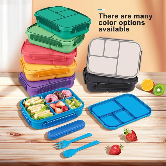 Diboniur Bento Lunchbox – 1400 Ml, Met Bestek En Vakken, Magnetron- En Vaatwasmachinebestendig, Blauw