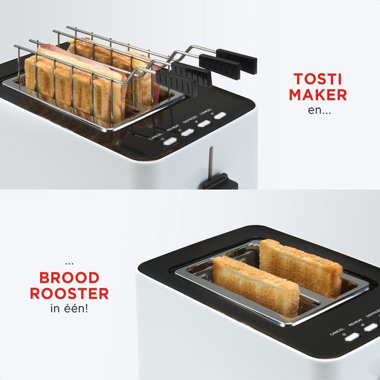 Bourgini Tosti Toaster - Broodrooster met Tostiklemmen - Wit - Extra brede sleuf geschikt voor 2 tosti's - Instelbare bruiningsstand en ontdooifunctie