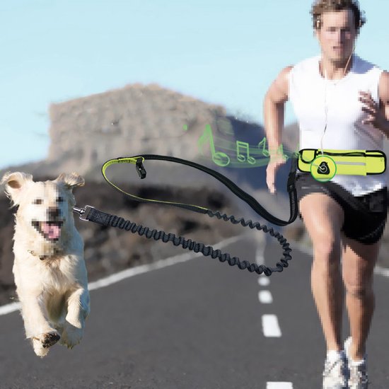 Foto: Hardloopriem hond heupriem hardlopen dog running leash geel handsfree looplijn met heupriem hondenriem