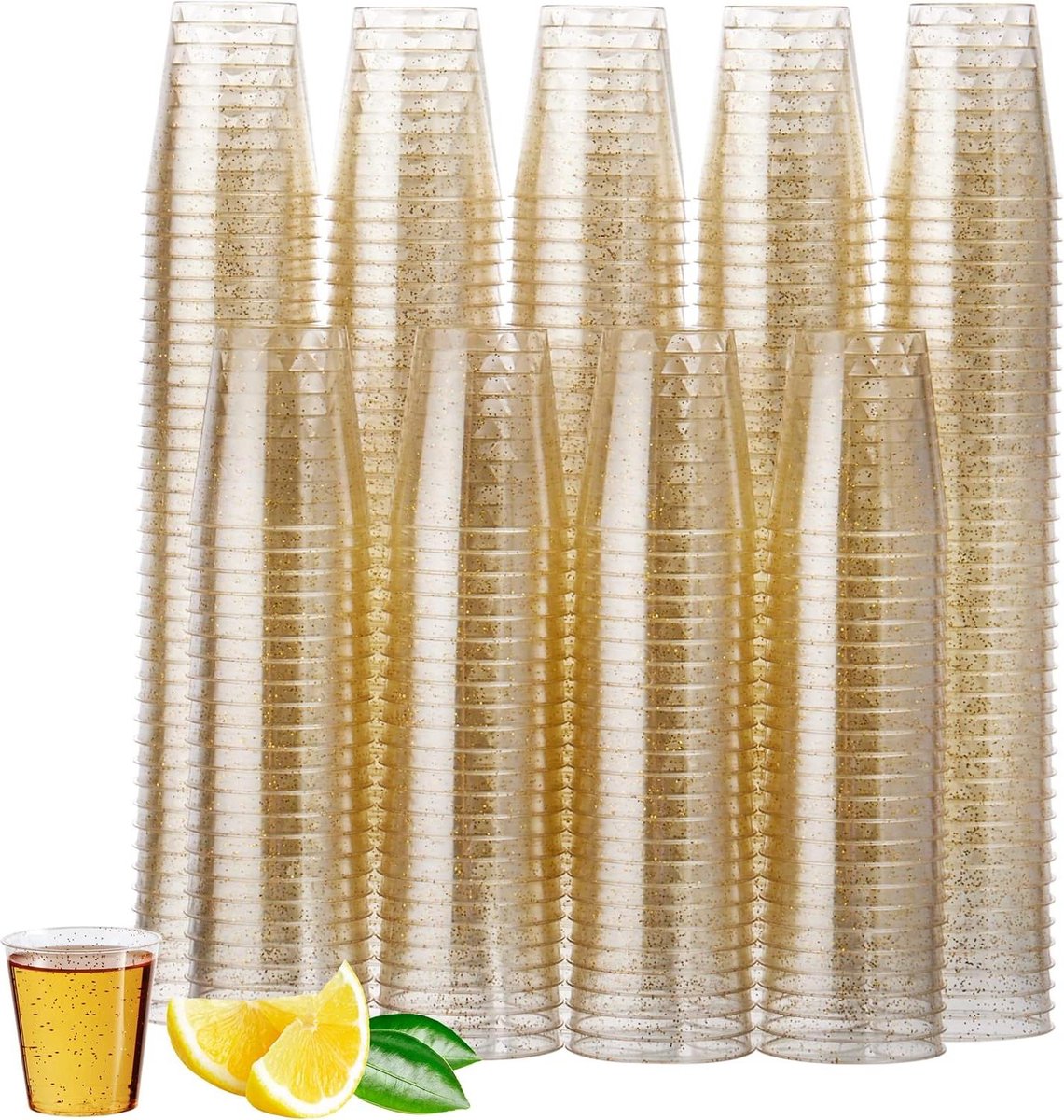 300 Transparante Shotglazen met Gouden Glitter Herbruikbare Plastic Borrelglaasjes voor Bruiloften Verjaardagen Kerst & Feesten