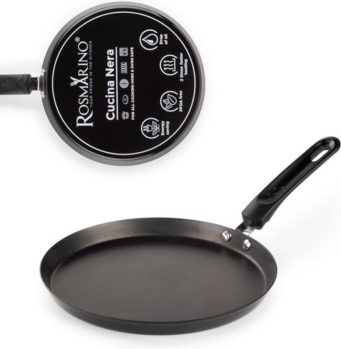 PolkaHome pannenkoekenpan 25 cm crêpes-pan met geëmailleerde buitencoating pan voor pannenkoeken van koolstofstaal roestvrijstalen handgrepen anti-aanbaklaag alle warmtebronnen