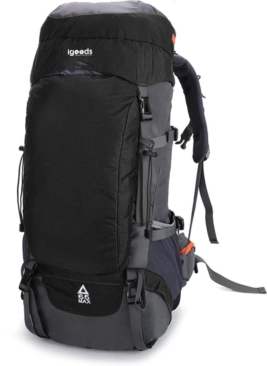 Igoods Waterbestendige Rugtas - 65 Liter Reistas - Campingrugzak - Backpack - Kamperen - Klimmen - Ultralicht - Opvouwbaar - Zwart op Prijzenvolger.com