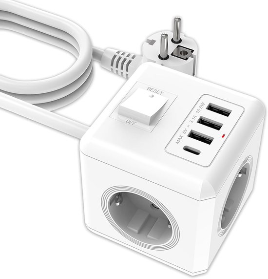 Stekkerkubus zonder kabel, 3 stopcontacten met 2 USB C, stekkerdoos 7-in-1, 4 USB Cube met overspanningsbeveiliging, 3680 W, 16 A, meervoudige