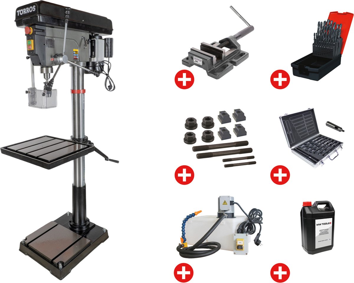 Professionele kolomboormachine boren tot ø 30 mm MK3 1,5 kW 230V met essentiiële toebehoren en koeleenheid Torros DF30M PACK PRO