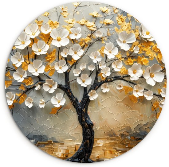 WallCircle® Wandcirkel 60x60 cm - Muurcirkel Boom - Bloemen - Goud - Kunst - Levensboom - Modern - Lente - Natuur - Muurdecoratie cirkel woonkamer - Wanddecoratie slaapkamer - Kamer decoratie accessoires - Ronde schilderijen binnen