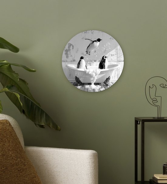 WallCircle® Wandcirkel 30x30 cm - Muurcirkel Pinguïns - Vintage - Dieren - Zwart - Wit - Vogels - Badkamer - Bad - Muurdecoratie cirkel woonkamer - Wanddecoratie slaapkamer - Kamer decoratie accessoires - Ronde schilderijen binnen