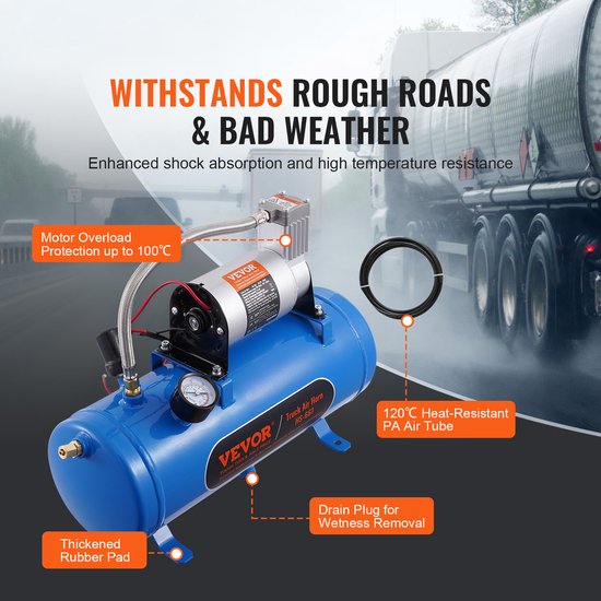 VEVOR Zughorn Luchtcompressor met tank, 6 liter, 12 V luchtcompressorset, 90-120 psi werkdruk, geïntegreerd luchtcompressorsysteem voor trein-luchthoorn, oppompen van banden, vrachtwagens, SUV's enz VEVOR Zughorn Luchtcompressor met tank, 6 liter, 12 V luchtcompressorset, 90-120 psi werkdruk, geïntegreerd luchtcompressorsysteem voor trein-luchthoorn, oppompen van banden, vrachtwagens, SUV's enz