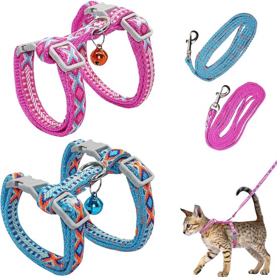 2x Verstelbaar Kattenharnas Met Riem – Nylon, Ontsnappingsbestendig, H-vormige Gesp, Lichtblauw & Roze, Met Bel, Geschikt Voor Kittens En Kleine Katten