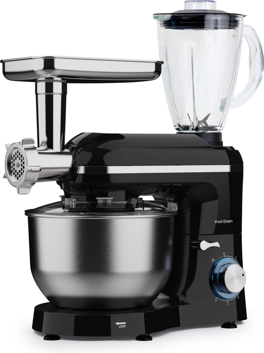 Vivid Green Keukenmachine multifunctioneel 2000W – Keukenrobot – Foodprocessor – Keukenmixer met RVS Mengkom – Incl. 15 Accessoires – Incl. Gehaktmolen en Blender 6.2L – Zwart –