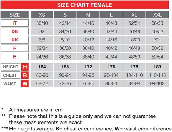 Maattabel voor vrouwen met maten XS tot XXL, inclusief lichaamslengte, borst- en tailleomvang in centimeters.