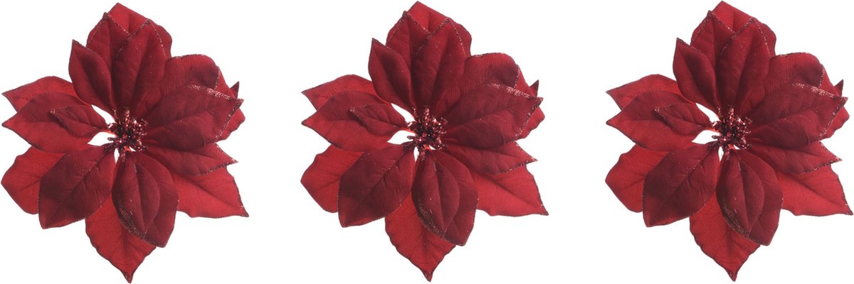 Decoris 6x stuks decoratie bloemen kerstster rood glitter op clip 24 cm - Decoratiebloemen/kerstboomversiering/kerstversiering