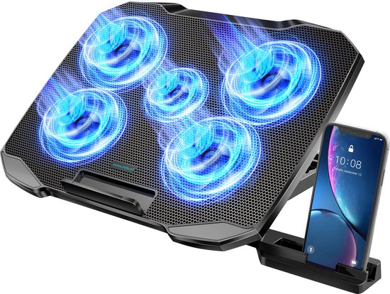 Foto: My north star laptop cooler inclusief telefoonhouder 5 ventilatoren 5 standen verstelbaar tot 17 inch laptop cooling pad laptop standaard laptop cooling stand