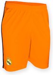Oranje voetbalbroekje met donkerblauwe zijkant en Real Madrid logo.