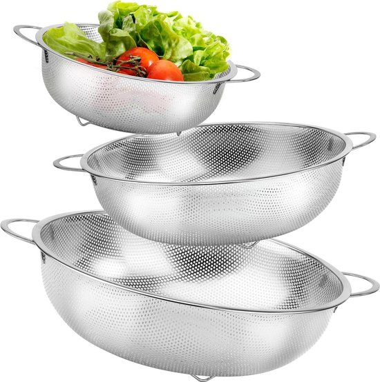 Ensemble de 3 tamis de cuisine en acier inoxydable - tamis à pâtes - poignées - micro-perforé - passoire - cuisine - pâtes - légumes - fruits - riz - lavable au lave-vaisselle - 16/22/28 cm