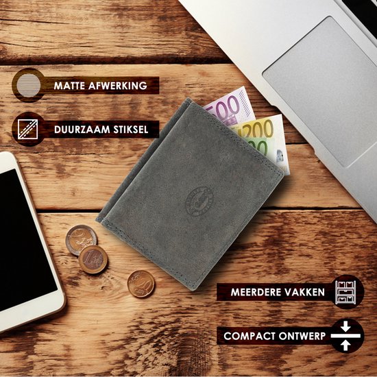 Grijze lederen portemonnee met mat uiterlijk, compact ontwerp, met bankbiljetten erin, naast een smartphone en laptop.