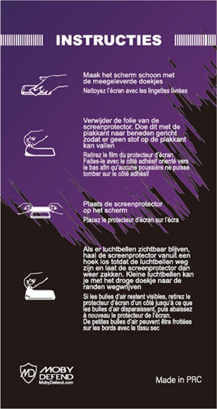 Instructies voor het aanbrengen van een screenprotector. Bevat 3 stappen.