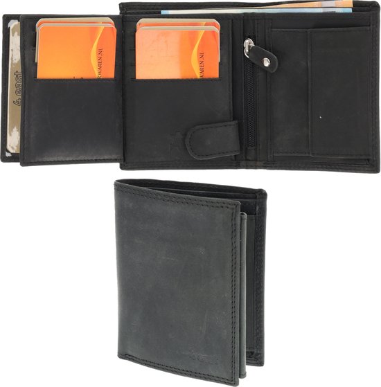 Zwarte leren portemonnee, opengeklapt met oranje pasjes, bankbiljetten en een ritsvak.