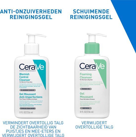 Twee witte CeraVe flessen met pompdispenser. Links de Blemish Control Cleanser, rechts de Foaming Cleanser.