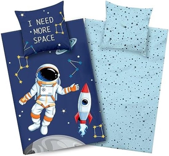 Ruimte beddengoed 135 x 200 cm, wereldmotief, kinderbeddengoed, omkeerbare set jongens, raket katoen, blauw, ruimtemotief, met astronaut