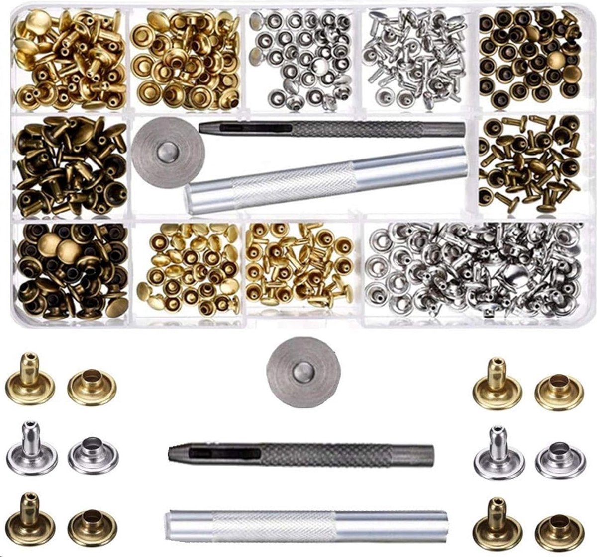 300 Lederen Klinknagels Set Dubbele Dop, 3 Maten Metalen Buisvormige Klinknagel Met Ponstang En 3 Stuks Bevestigingsgereedschappen Compatibel Met Leder Reparatie Vervanging R
