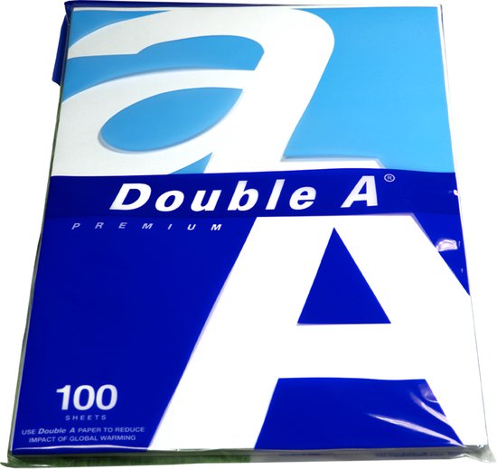 Pack van 100 vellen Double A Premium papier met grote witte A op blauwe achtergrond.