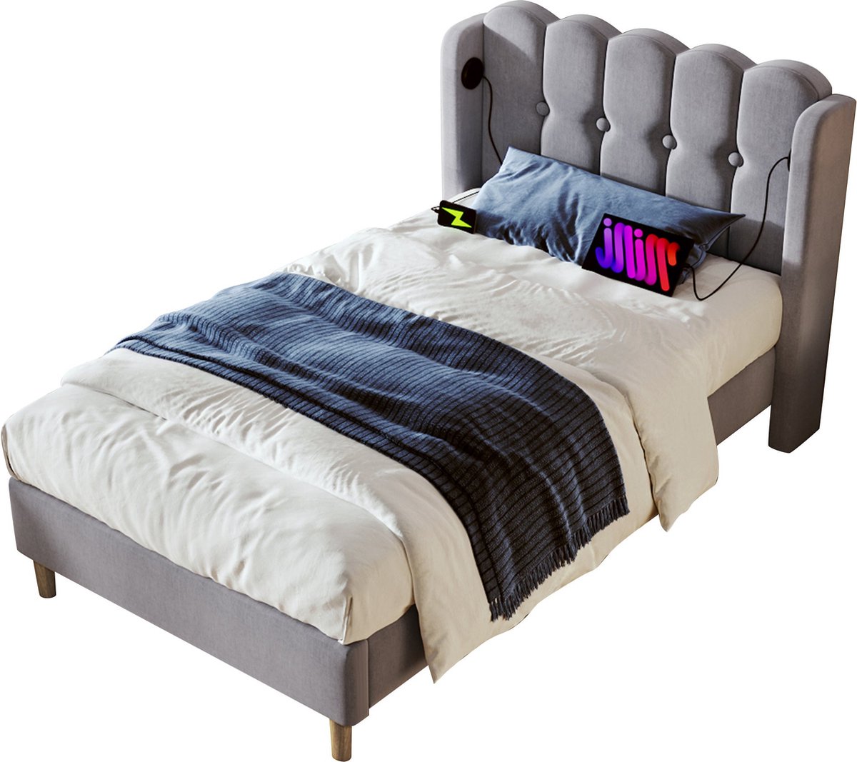 Merax Gestoffeerd Bed 90x200 cm - Eenpersoonsbed met USB Type-C Oplaadfunctie en Lattenbodem - Grijs Linnen - Zonder Matras