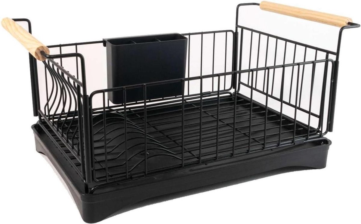 Goedkoopste Afdruiprek voor servies in Zwart roestvrij staal - 50 x 29 x 23.5 cm - Met lekbak en houten handvatten afdruiprek met lekbak inklapbaar