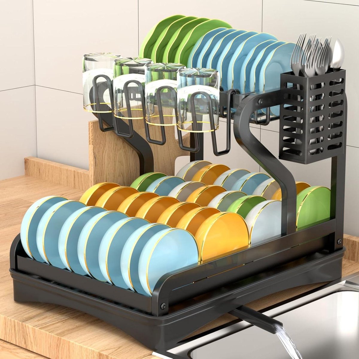 Goedkoopste Afdruiprek voor servies zwart - 2-traps roestvrij staal - met snijplankhouder - gebruiksvoorwerpenhouder - afdruipbak - 4 bekerhouders afdruiprek met lekbak inklapbaar