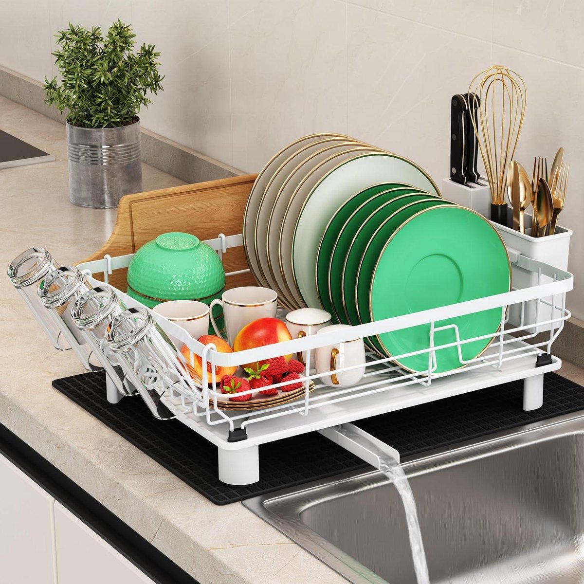 Goedkoopste Afdruiprek met lekbak en draaibare afvoertuit - Roestvrijstalen afdruiprek - Met gebruiksvoorwerphouder en bekerhouder - Inclusief droogmat - Wit afdruiprek met lekbak inklapbaar