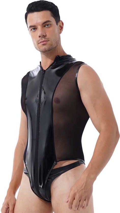 Mannen latex wetlook Catsuit - Erotische bodysuit PU Leder - Jumpsuit - Mouwloos - Transparante zijkanten - Ritssluiting
