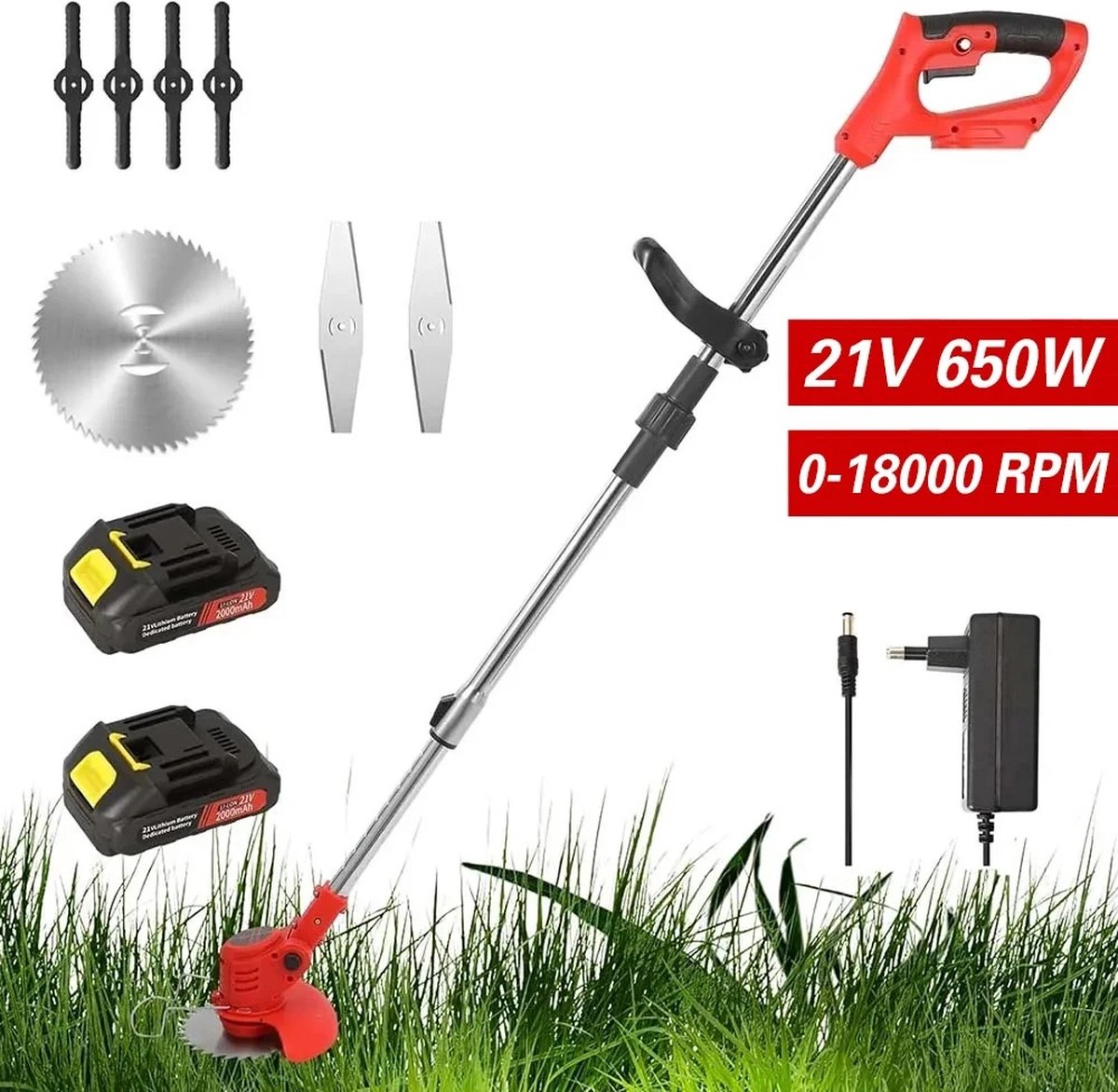 Elektrische Grastrimmer - Draadloos - Inclusief 2 batterijen - Roestvrij staal - 18000Rpm - Anti slip handvat - 650W vermogen - 21V - Tuingereedschap - Orange zwart -