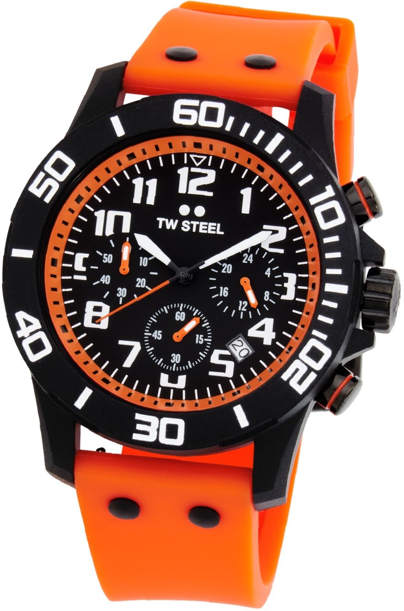 TW Steel TWCA2 Carbon Heren Horloge - Chronograaf - Mineraalglas - Kunststof-Silicone - Oranje-Zwart - 44 mm breed - Quartz - Gesp - 10 ATM (zwemmen)