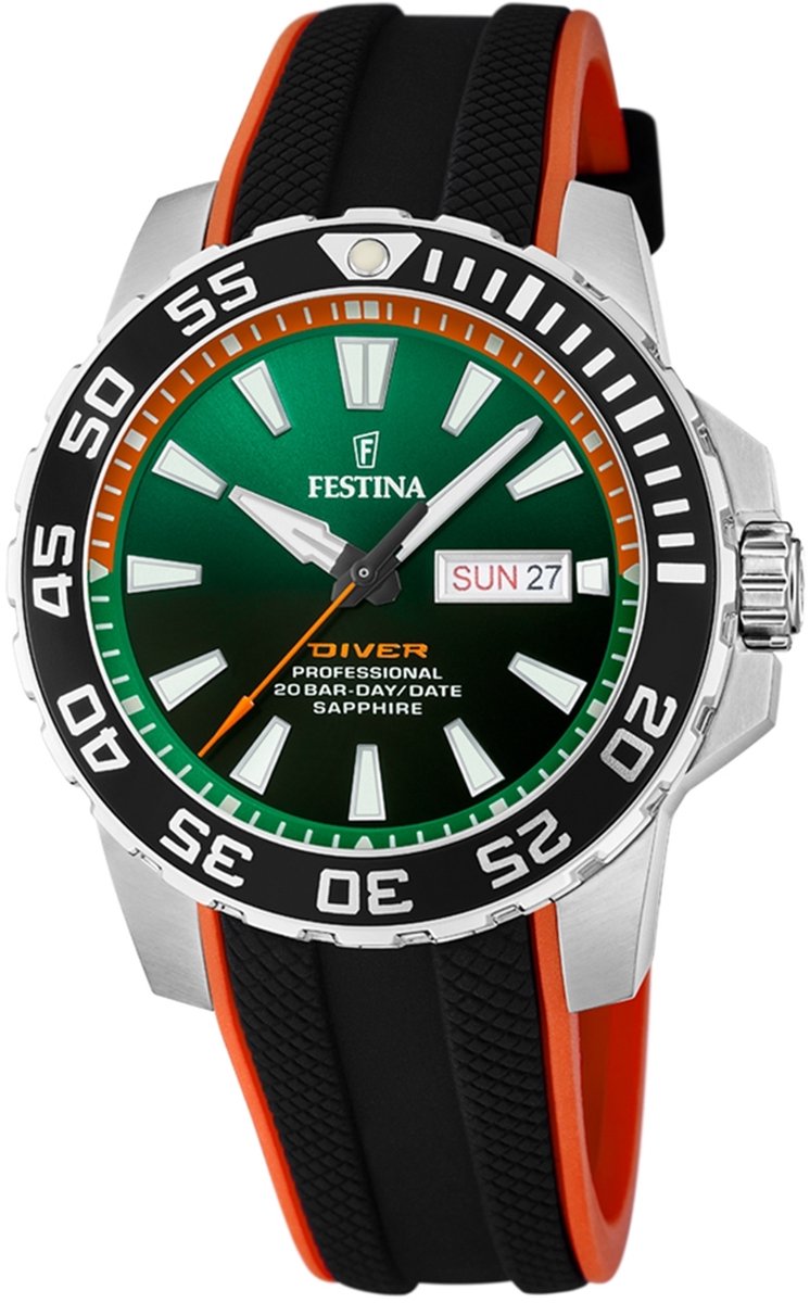 Festina F20662-2 Heren Horloge - Mineraalglas - Roestvrijstaal-Leer - Zilverkleurig - Ø 45 mm - Quartz - Gesp - 20 ATM (duiken)