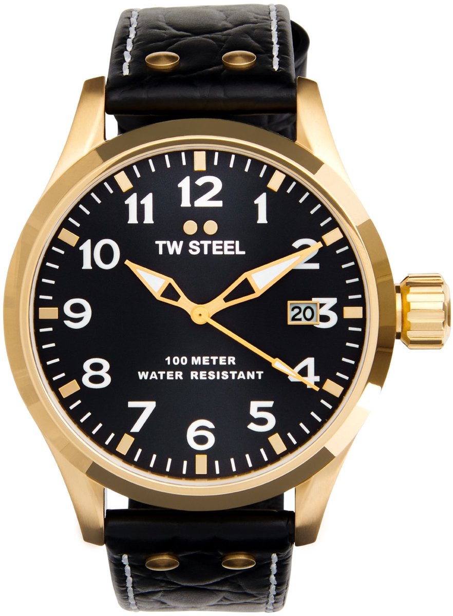 TW Steel TWVS104 New Volante Heren Horloge - Mineraalglas - Staal-Leer - Goudkleurig-Zwart - 45 mm breed - Quartz - Gesp - 10 ATM (zwemmen)