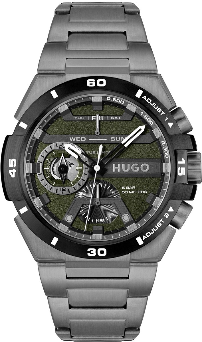 HUGO HU1530340 #WILD Heren Horloge - Mineraalglas - Staal - Grijs - 46 mm breed - Quartz - Vouw-Vlindersluiting - 5 ATM (douchen)