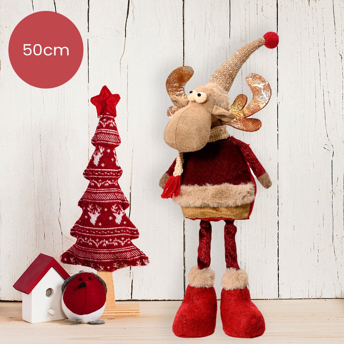 Polyester rendier bruin met beige muts - 50cm