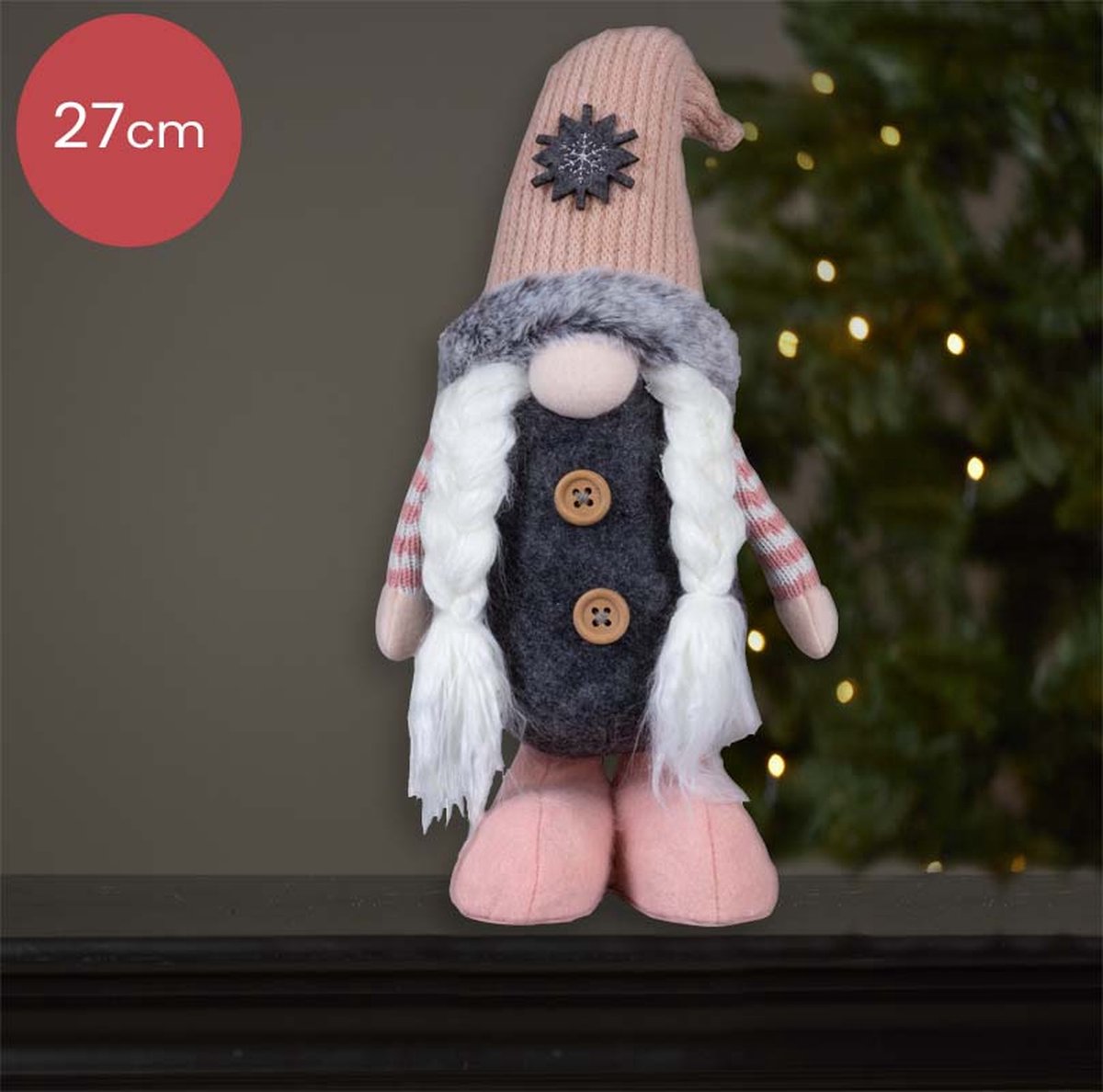 Roze handgemaakt Gnoom-vrouwtje met een beige kleurige muts - 27(37)cm