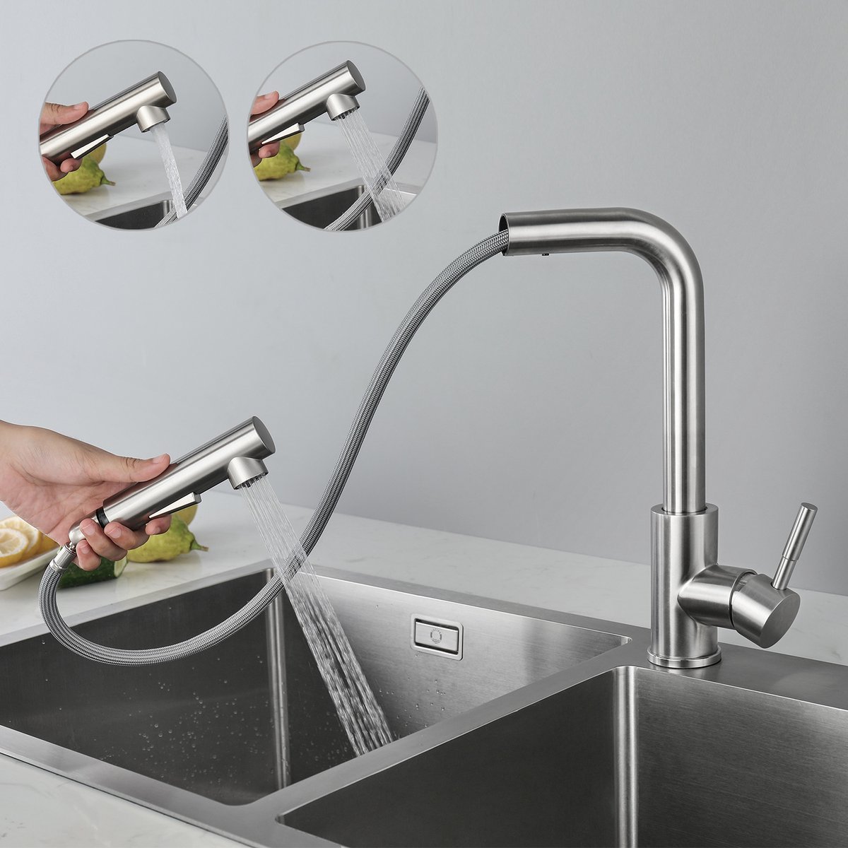 CECIPA Kraan keuken uittrekbaar, keukenkraan met douche, hogedruk spoelbakarmatuur keuken met 2 straalsoorten, mengkraan uittrekbaar, armatuur roestvrij staal CECIPA Kraan keuken uittrekbaar, keukenkraan met douche, hogedruk spoelbakarmatuur keuken met 2 straalsoorten, mengkraan uittrekbaar, armatuur roestvrij staal