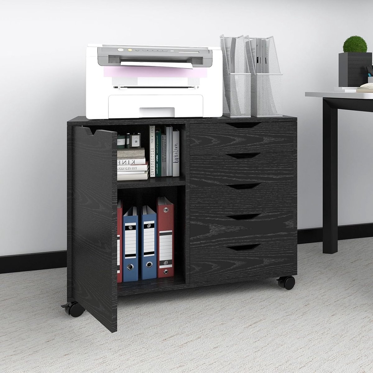 Goodivery ® Kantoor Rolcontainer met 5 Laden en Deur, Verstelbare Planken, Universele Wielen, Zwart, 78 x 40 x 60 cm