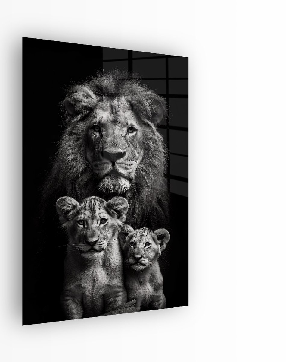 Indoorart Glasschilderij Leeuw Vaderliefde 40x60 CM - Afbeelding op plexiglas - Inclusief montagemateriaal zwart, wit