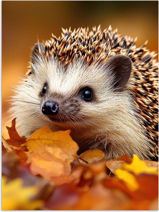 Een egel met stekels tussen bruine en oranje herfstbladeren.