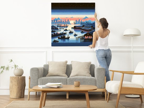Pixel art haven schilderij | Haven Harbour: A Pixelated Masterpiece of Artistic Ingenuity and Beauty | Kunst - 100x100 centimeter op Forex | Foto op Forex