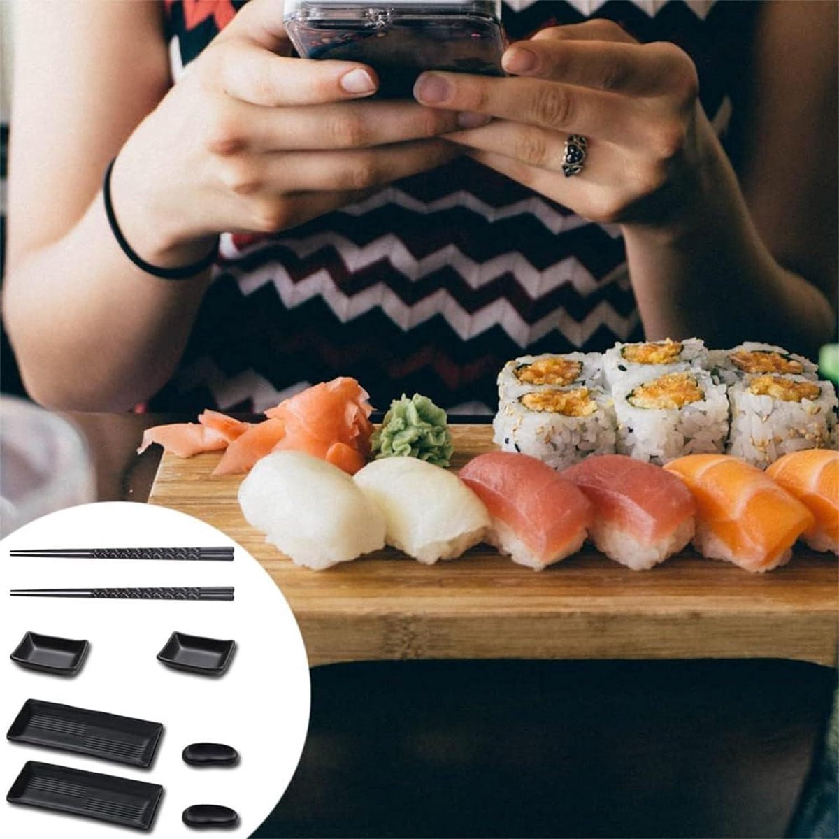 Ensemble Vaisselle à Sushi 8 Pièces Pour 2 Personnes - Assiettes En Ardoise, Bols à Sauce, Baguettes, Support