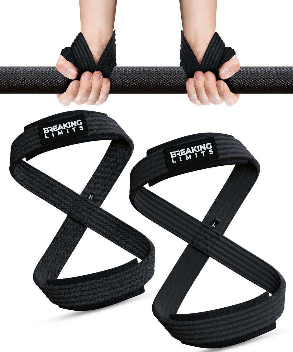 Breaking Limits Figure 8 Straps - Lifting Straps - Deadlift Straps - Lifting Grips - Lifting Hooks - Zwart (M)