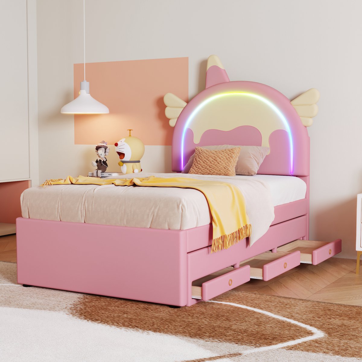 Merax Eenhoorn Kinderbed 90x200 cm - Unicorn Eenpersoonsbed voor Kinderen - Kunstleer Gestoffeerd Bed met extra Uitschuifbaar Bed 90x190 cm Inclusief 3 Bedlades - Roze — cadeau in Cadeau-ideeën - foto 4