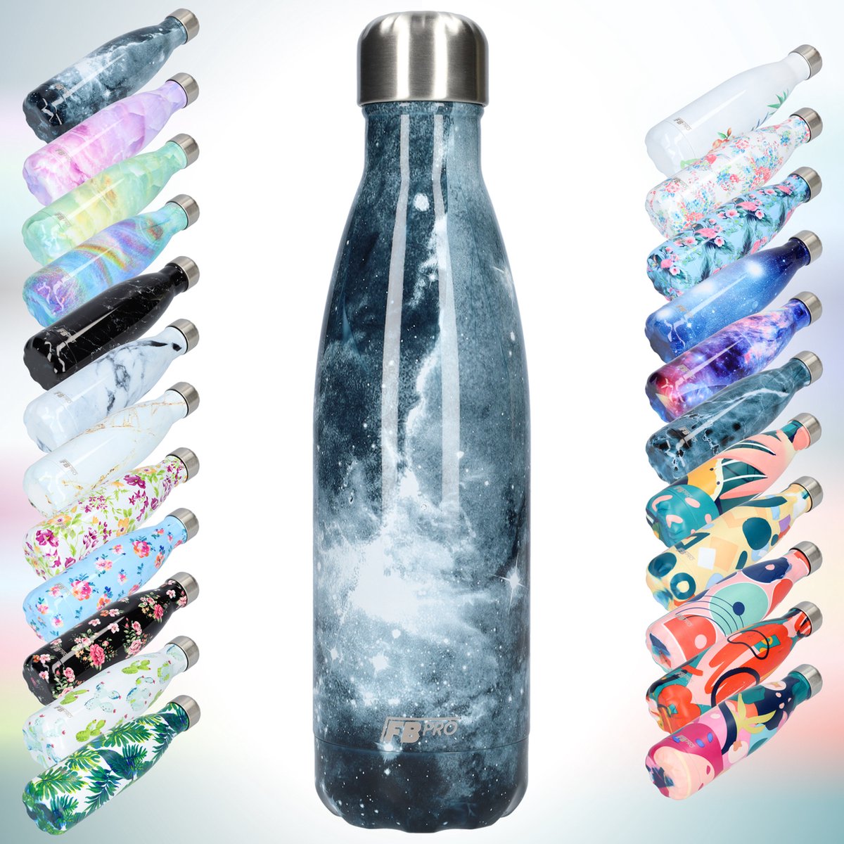 FBFS27, Thermosfles, Drinkfles, Waterfles - Modern & Slank Design - Thermos Fles voor de Warme en Koude Dagen - Dubbelwandig - Robuuste Thermoskan - 500ml - Dark Sea Galaxy - Donkere Sterrenhemel