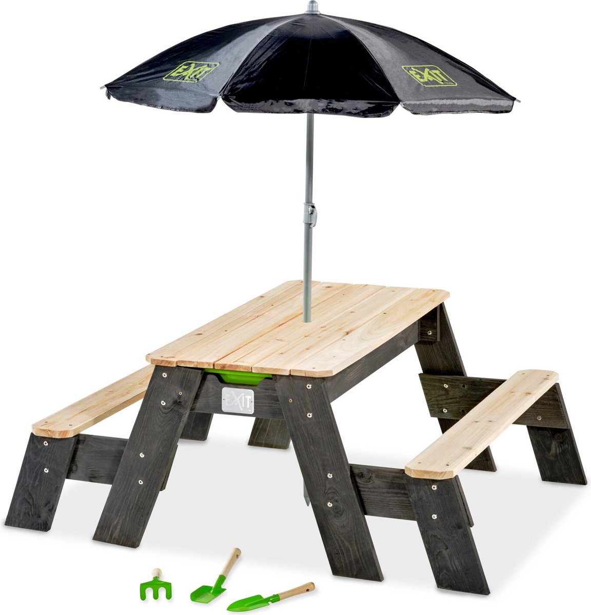 Bol.com EXIT Aksent zand-, water- en picknicktafel (2 bankjes) met parasol en tuingereedschap aanbieding