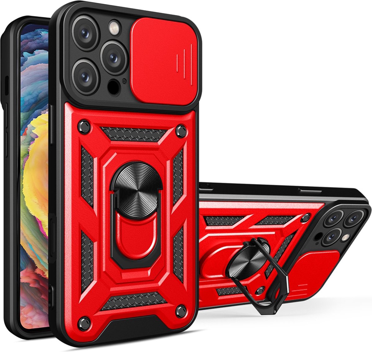 MobyDefend Hoesje - Geschikt voor iPhone 16 Pro Max - Pantsercase Met Draaibare Ring - Rood